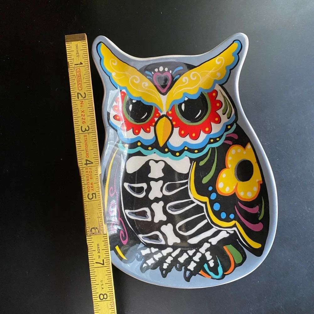 ⁠Cracker Barrel Day of the Dead Sugar Skull Owl Spoon Rest Halloween Stoneware⁠
